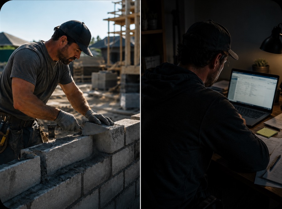 Contractor laying block vs. stressed at laptop